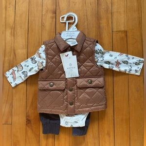 Aspen Kids Brown Quilted Vest 3 Piece Set 0-3m Forest Bear Print